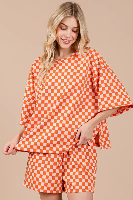 Hazel Blues® |  Ces Femme Checkered Round Neck Top and Shorts Set