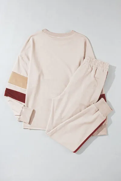 Hazel Blues® |  Striped Round Neck Sweatshirt and Drawstring Joggers Set