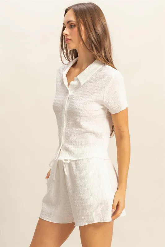 HYFVE Textured Short Sleeve Top and Drawstring Shorts Knit Set