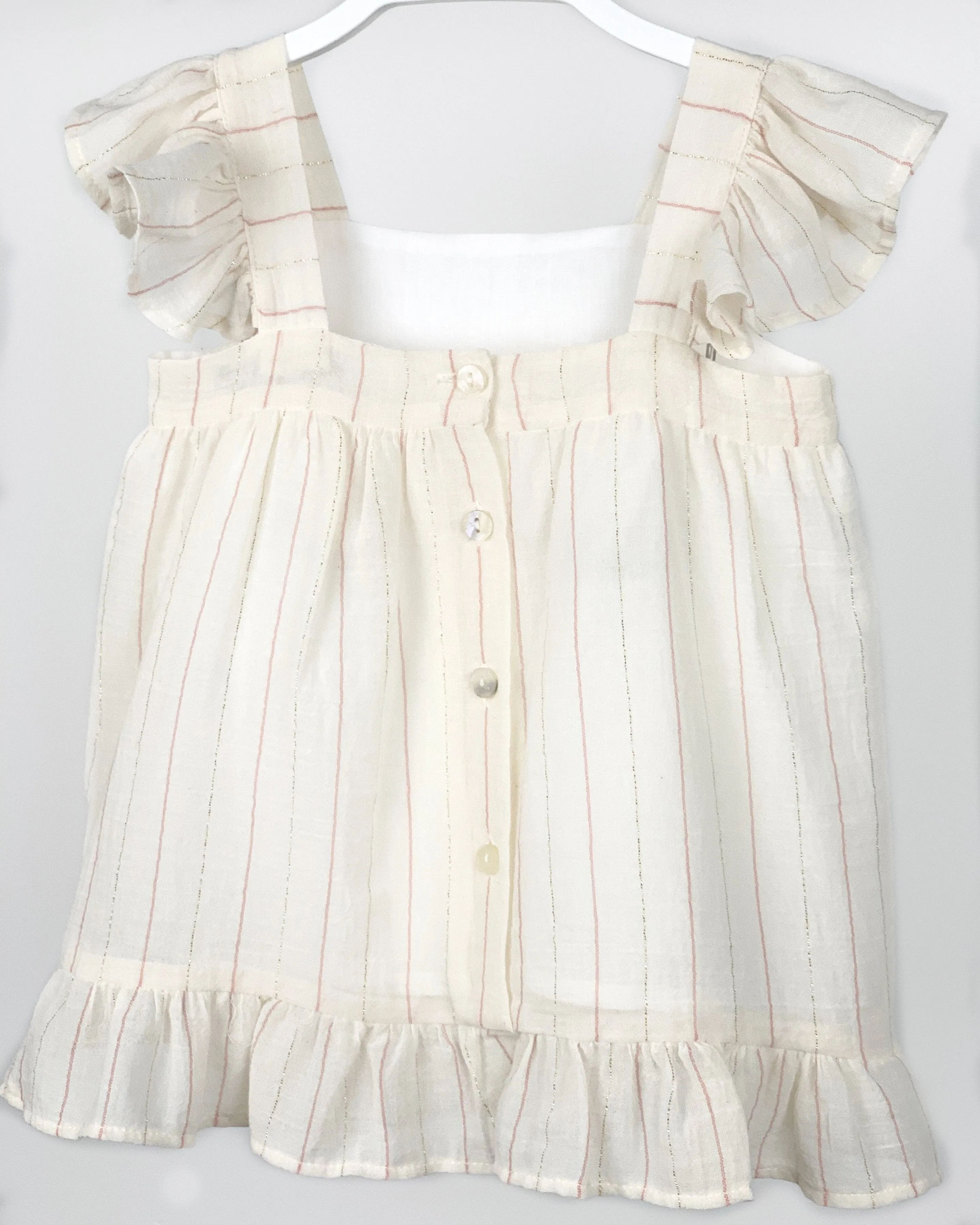 Ivory Ruffle Shoulder Sparkly Stripe Dress