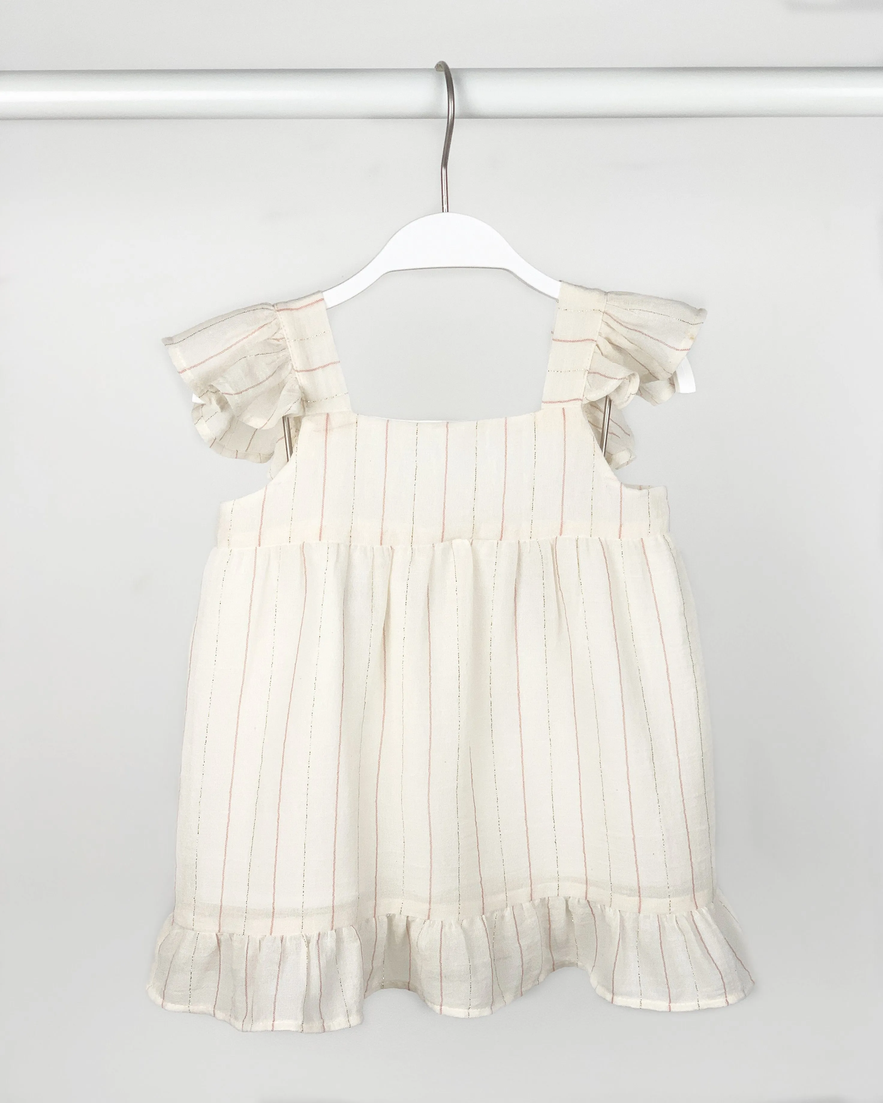 Ivory Ruffle Shoulder Sparkly Stripe Dress