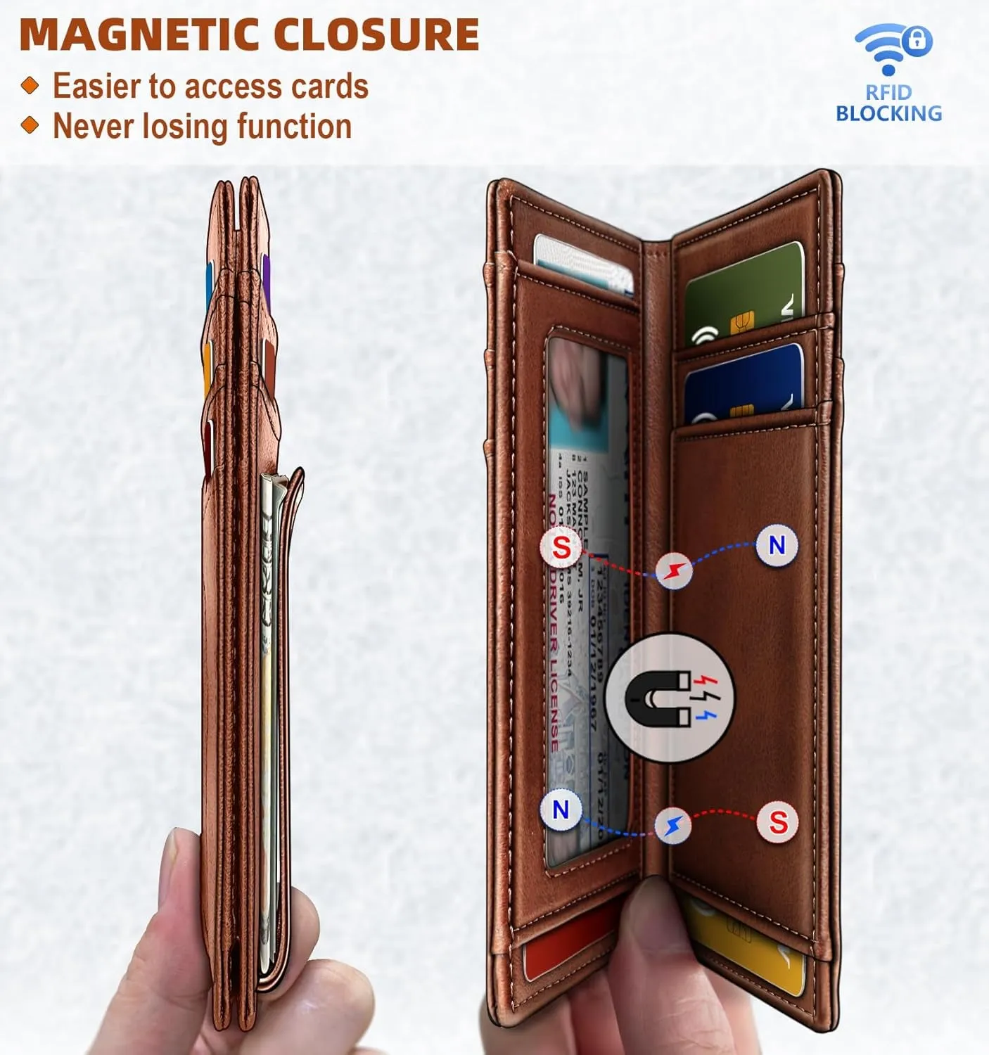 Magnetic Closure Slim Wallet, Genuine Leather Money Clip for Men