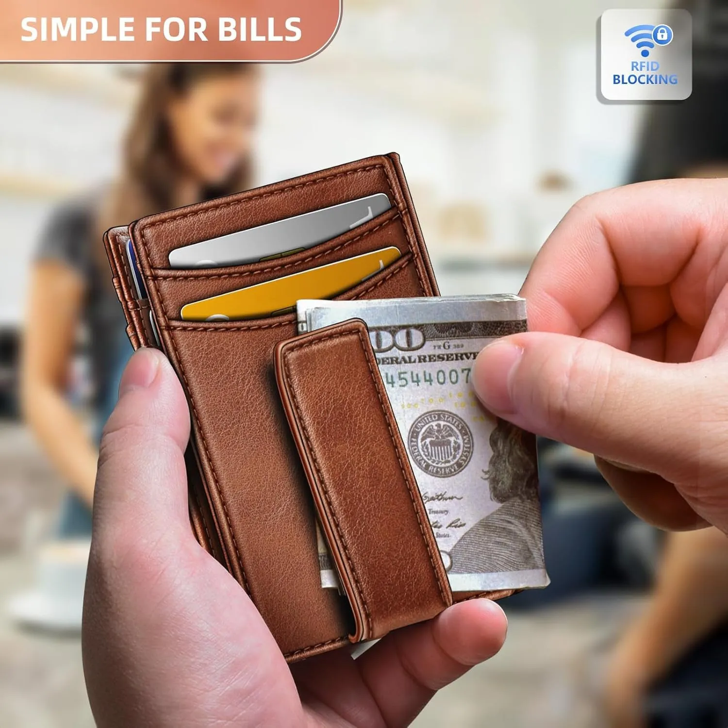 Magnetic Closure Slim Wallet, Genuine Leather Money Clip for Men