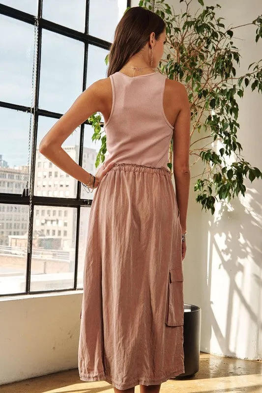 Mauve Drawstring Sleeveless Washed Dress