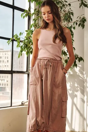 Mauve Drawstring Sleeveless Washed Dress