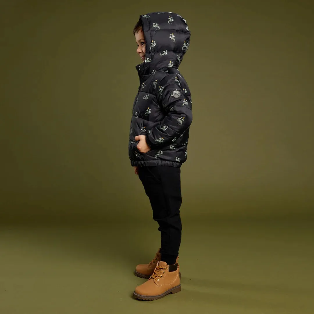 Miles The Label - Dragon Print on Black Hooded Packable