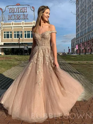Off Sholder Tulle Appliques Lace A-line Long Sparkly Evening Prom Dresses, Cheap Custom Prom Dresses, MR7923