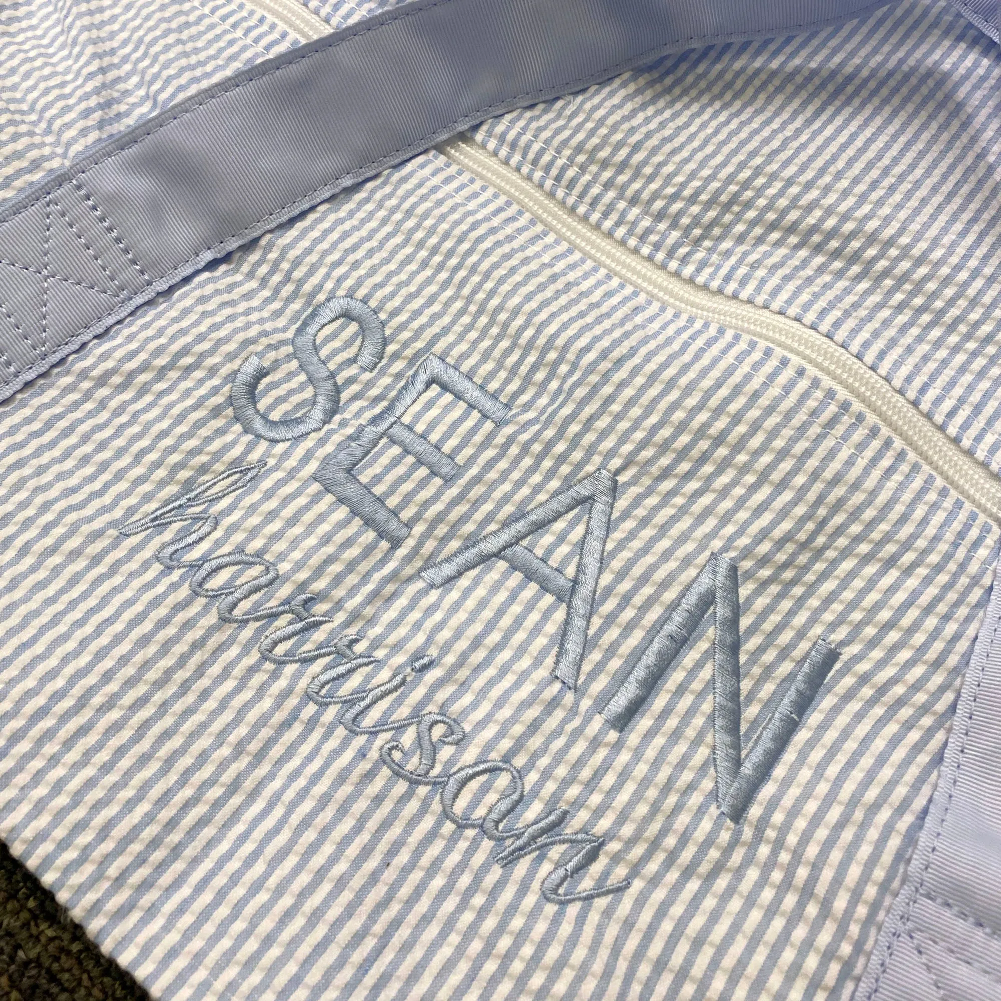 Personalized Seersucker Baby Blue Duffel Bag
