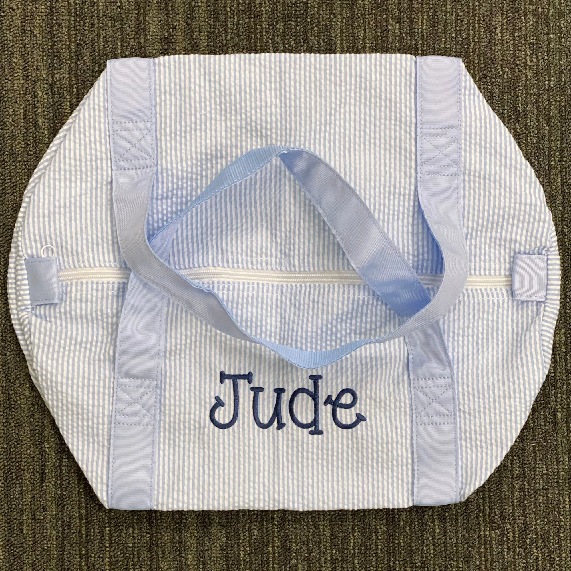 Personalized Seersucker Baby Blue Duffel Bag