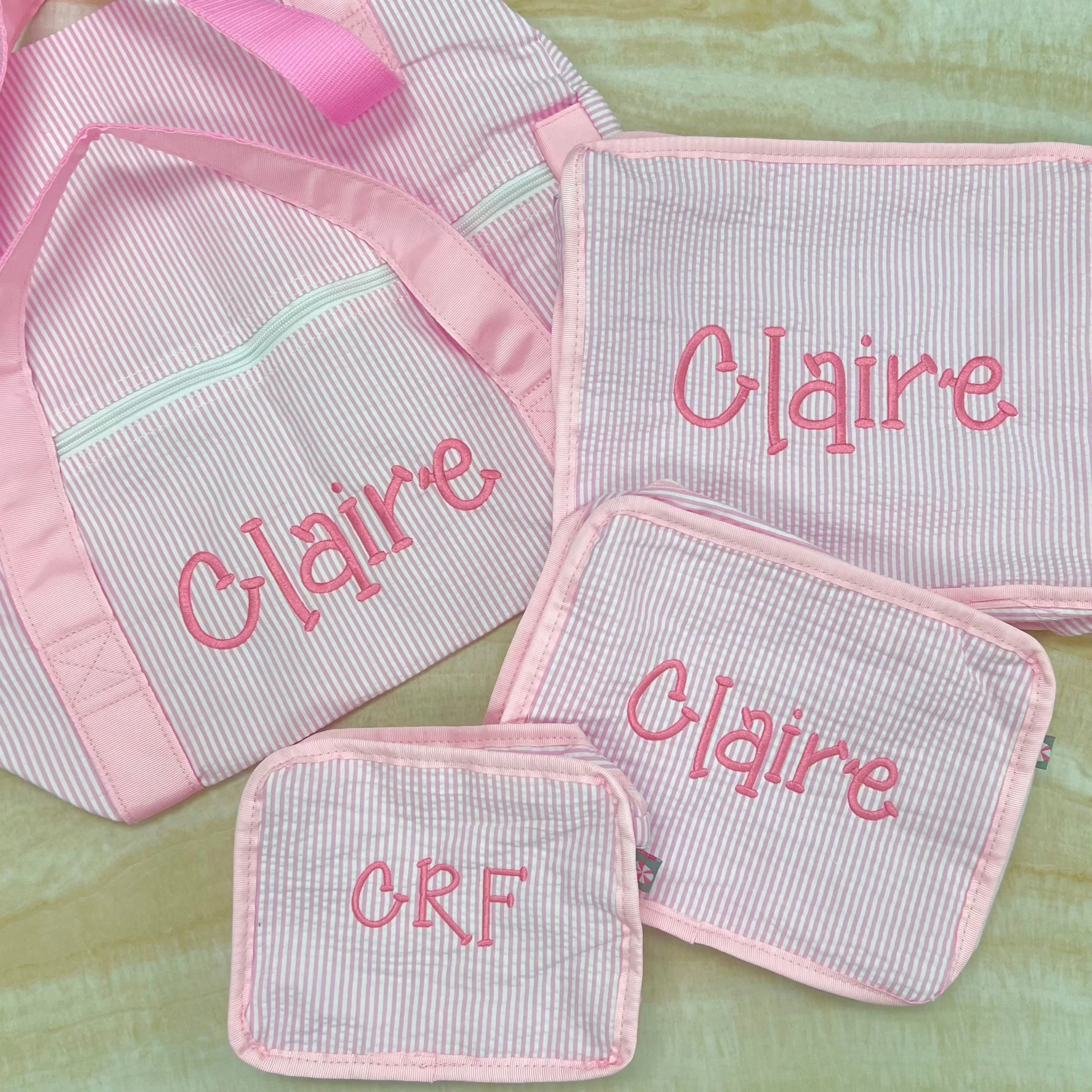 Personalized Seersucker Baby Pink Duffel Bag