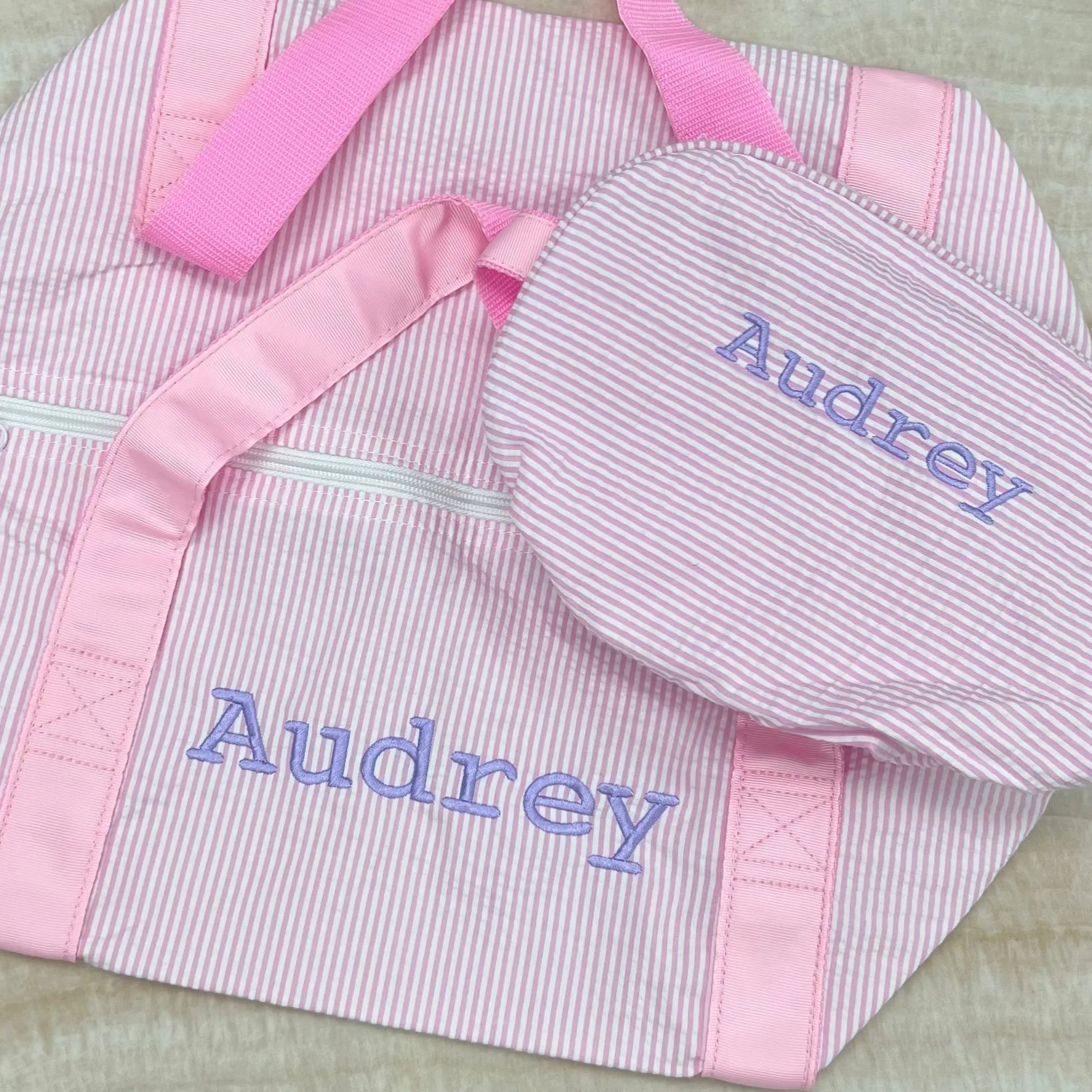 Personalized Seersucker Baby Pink Duffel Bag