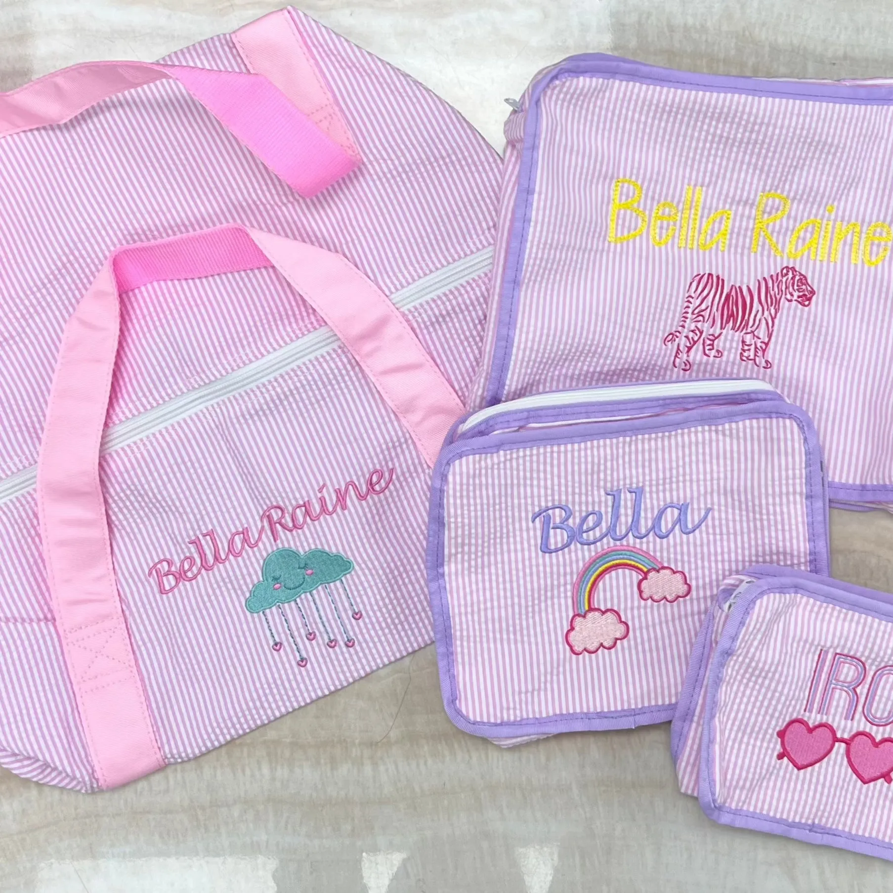 Personalized Seersucker Baby Pink Duffel Bag