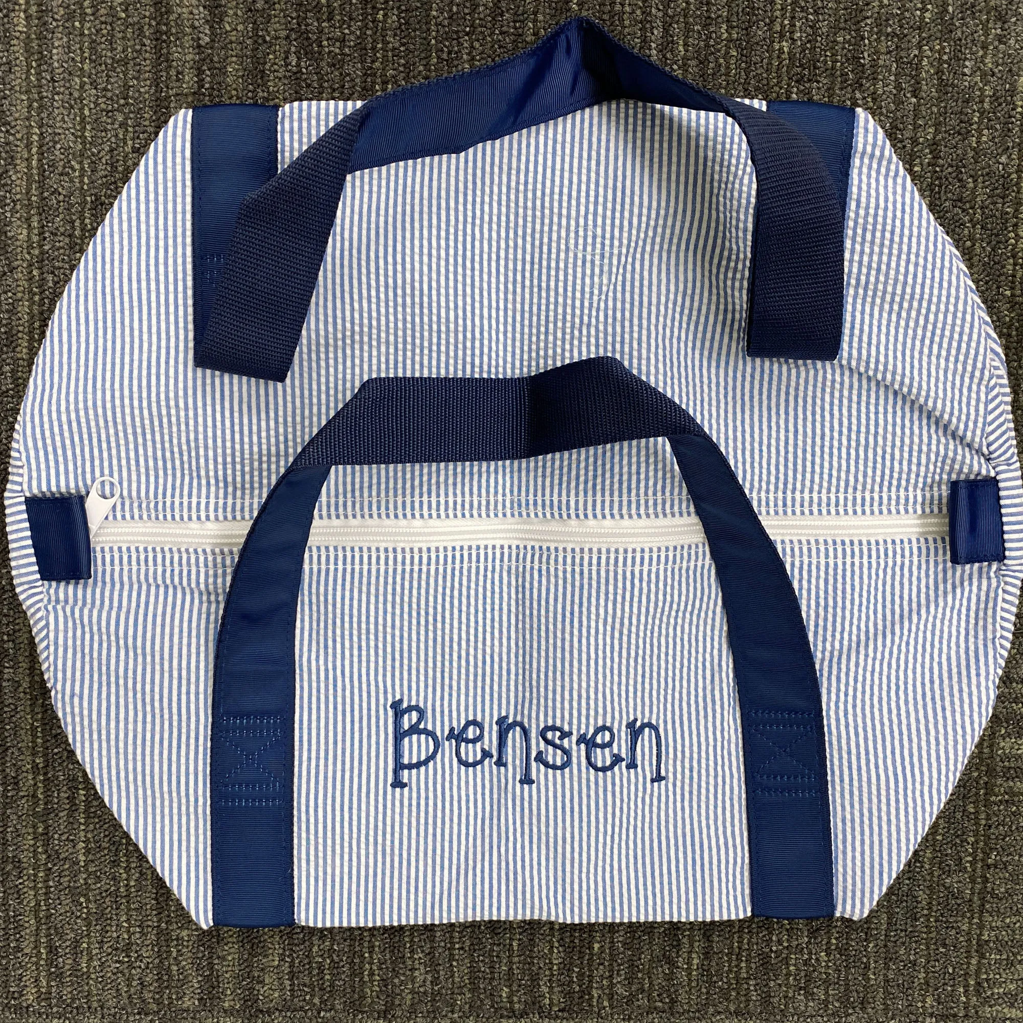 Personalized Seersucker Blue Navy Duffel Bag