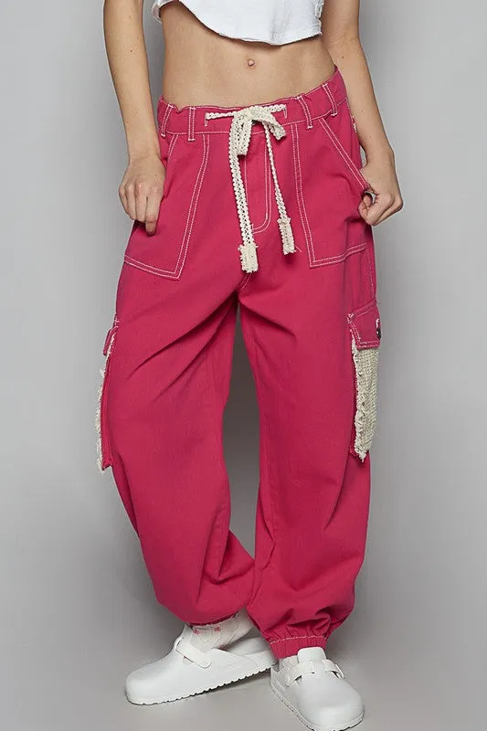 POL Crochet Overlay Pockets Drawstring Pants