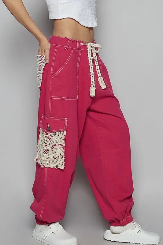 POL Crochet Overlay Pockets Drawstring Pants
