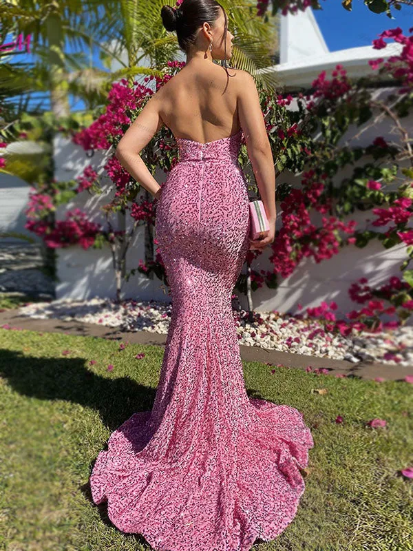 Sexy Candy Pink & Red Strapless Sweetheart Sparkly Mermaid Long Prom Dresses, PD3453