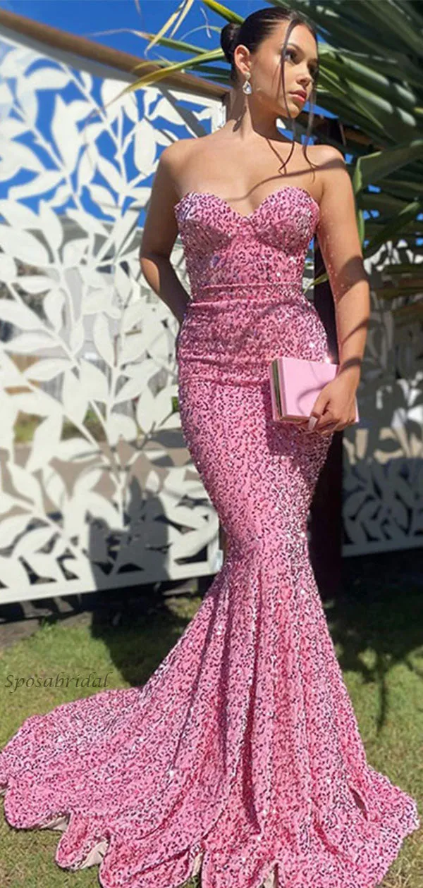 Sexy Candy Pink & Red Strapless Sweetheart Sparkly Mermaid Long Prom Dresses, PD3453