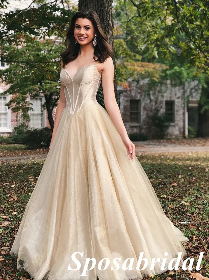 Sexy Champagne Gold Sweetheart V-Neck Sleeveless A-Line Long Prom Dresses , PD3816