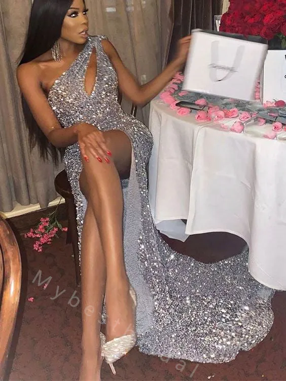 Sexy One Shoulder Side Slit Mermaid Long Prom Dress,PDS11519