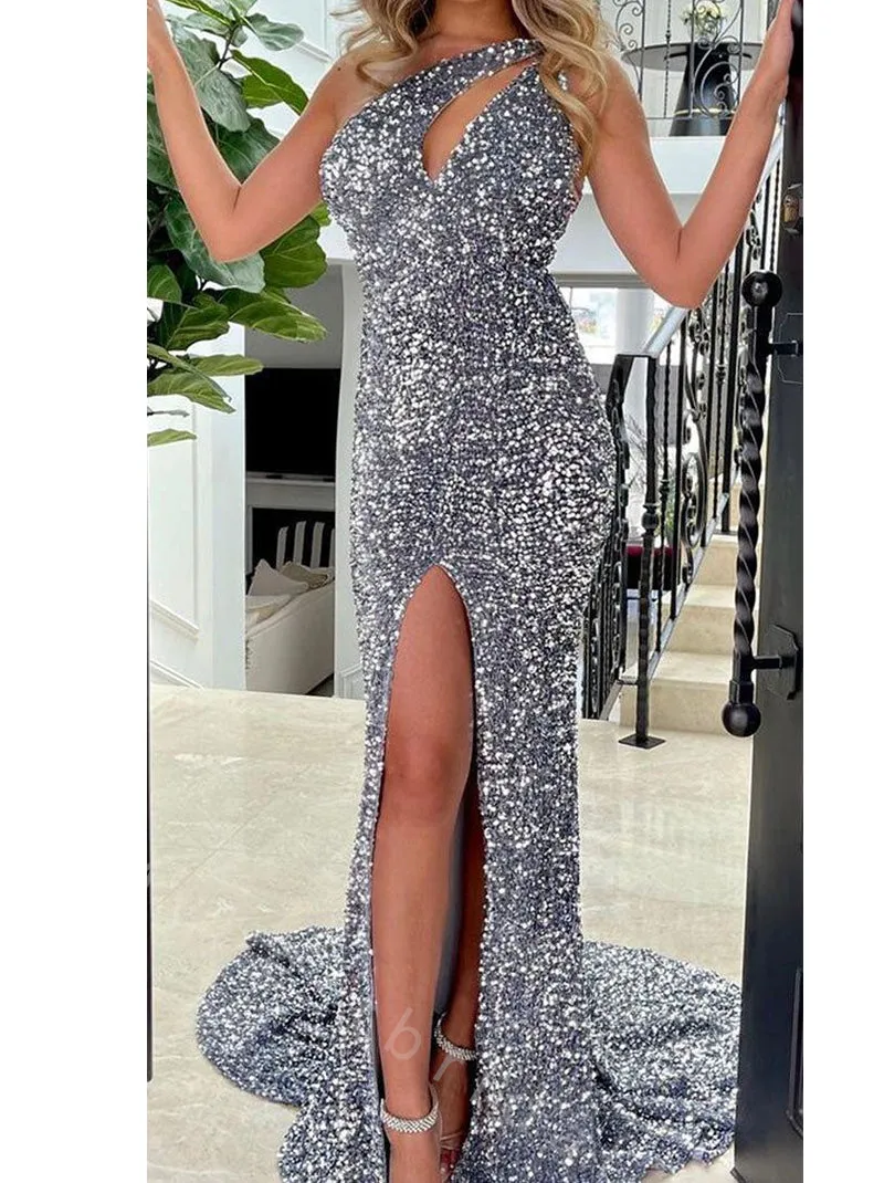 Sexy One Shoulder Side Slit Mermaid Long Prom Dress,PDS11519