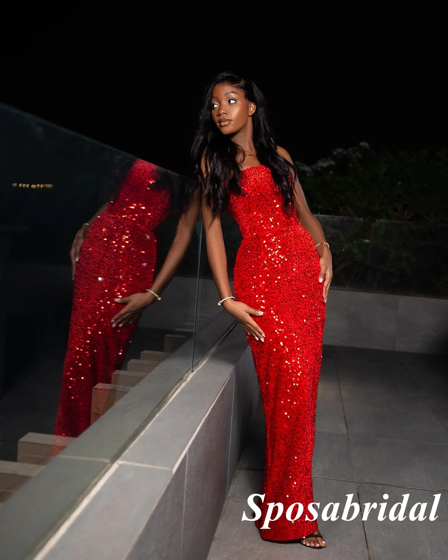 Sexy Red Sequin Sweetheart Sleeveless Mermaid Long Prom Dresses, PD3853