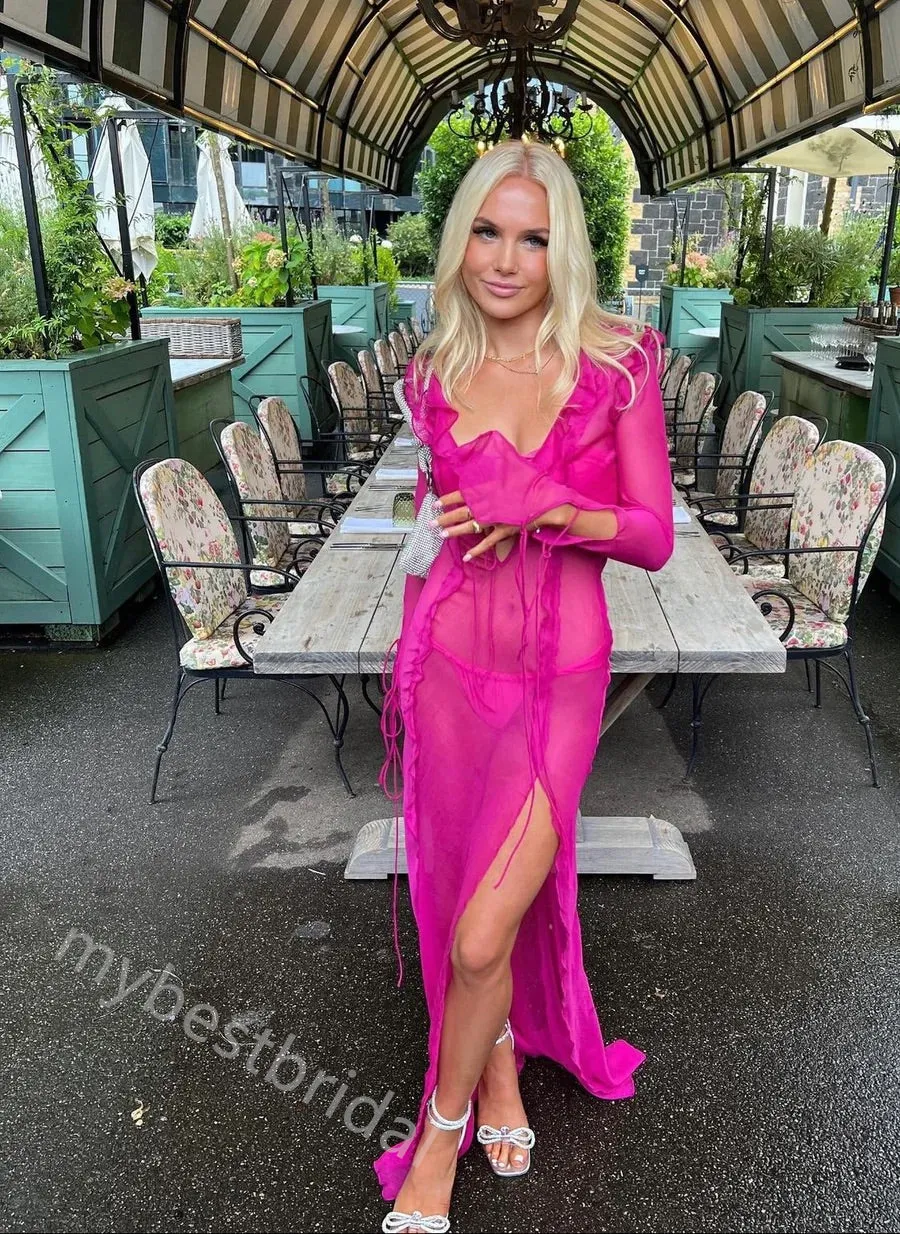 Sexy Ruffle Long Sleeves Side Slit Sheath Floor Length Prom Dress,PDS11621