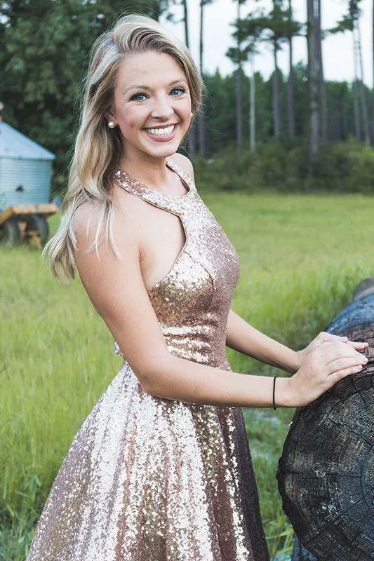 Shiny Sequin Halter Simple Homecoming Dresses Sparkly Sequin Short Party Dress HD0028