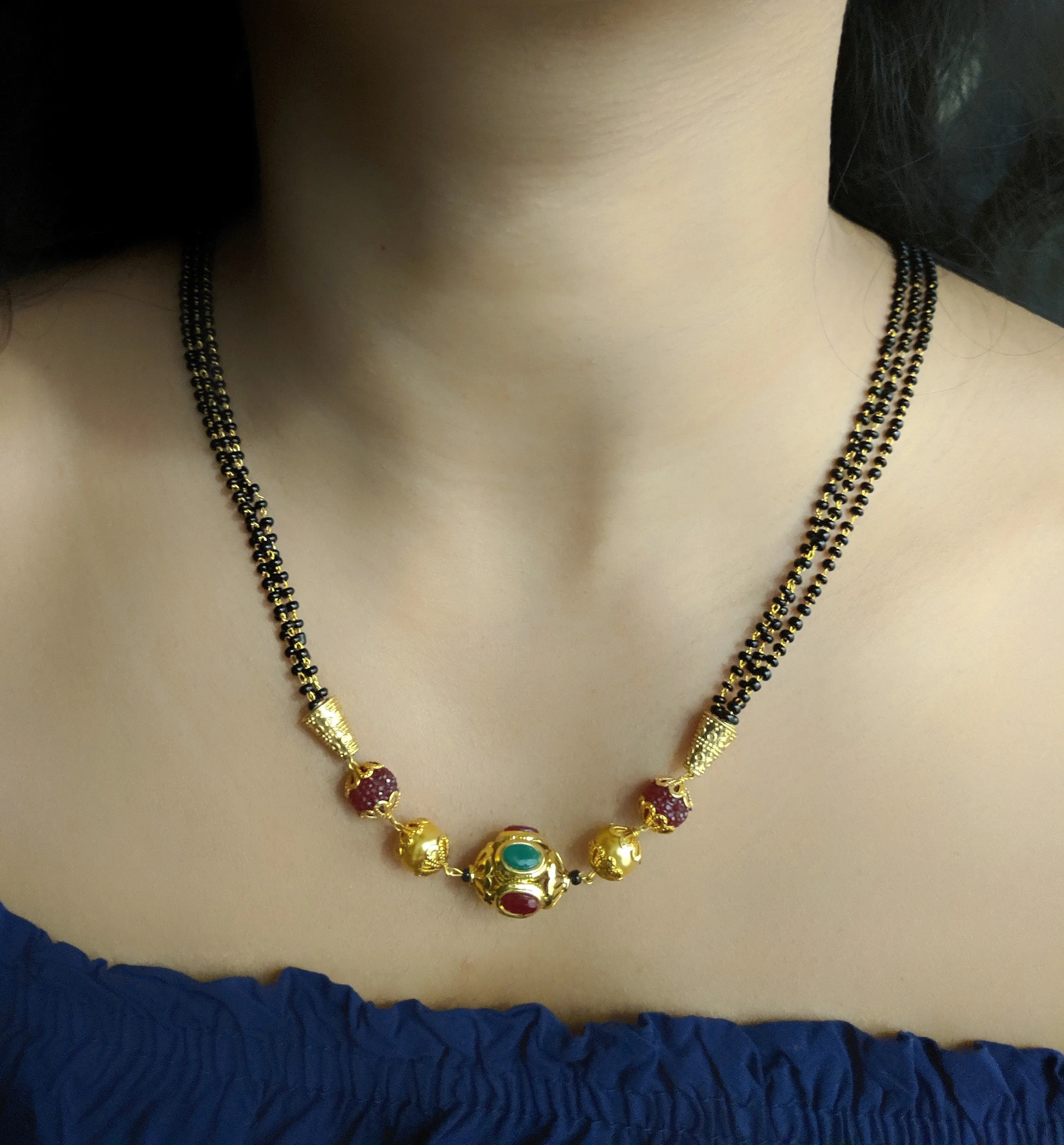 Short Mangalsutra Designs Gold Plated Latest Multi-color Stone 20-Inches Length Mangalsutra