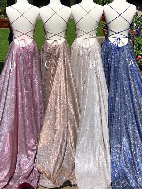 Spaghetti Straps Long Sparkly Evening Prom Dresses, A-line Custom Prom Dresses, MR8257