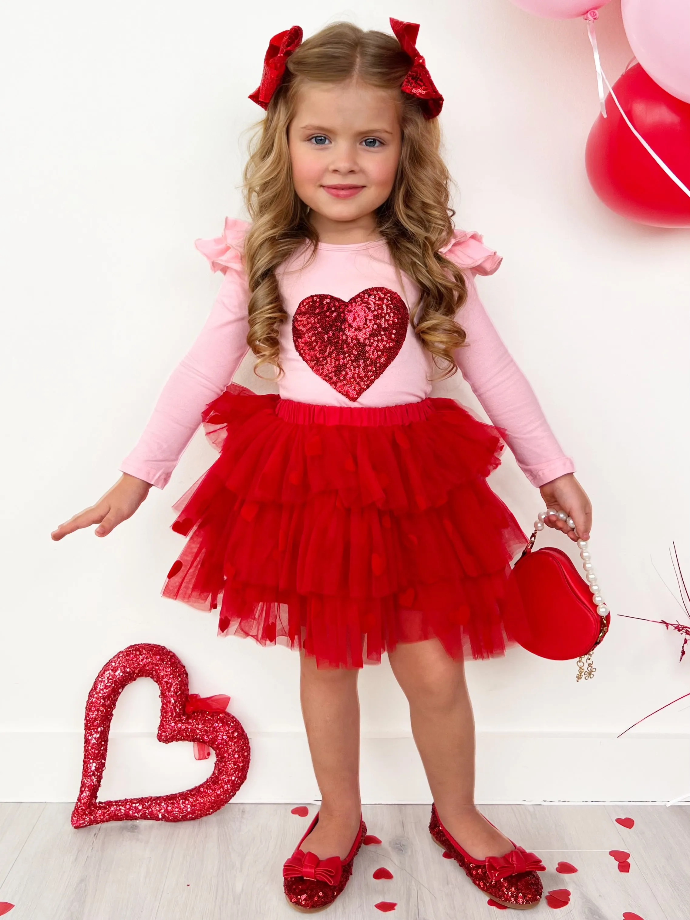 Sparkling Heart Ruffle Shoulder Top and Tiered Skirt Set