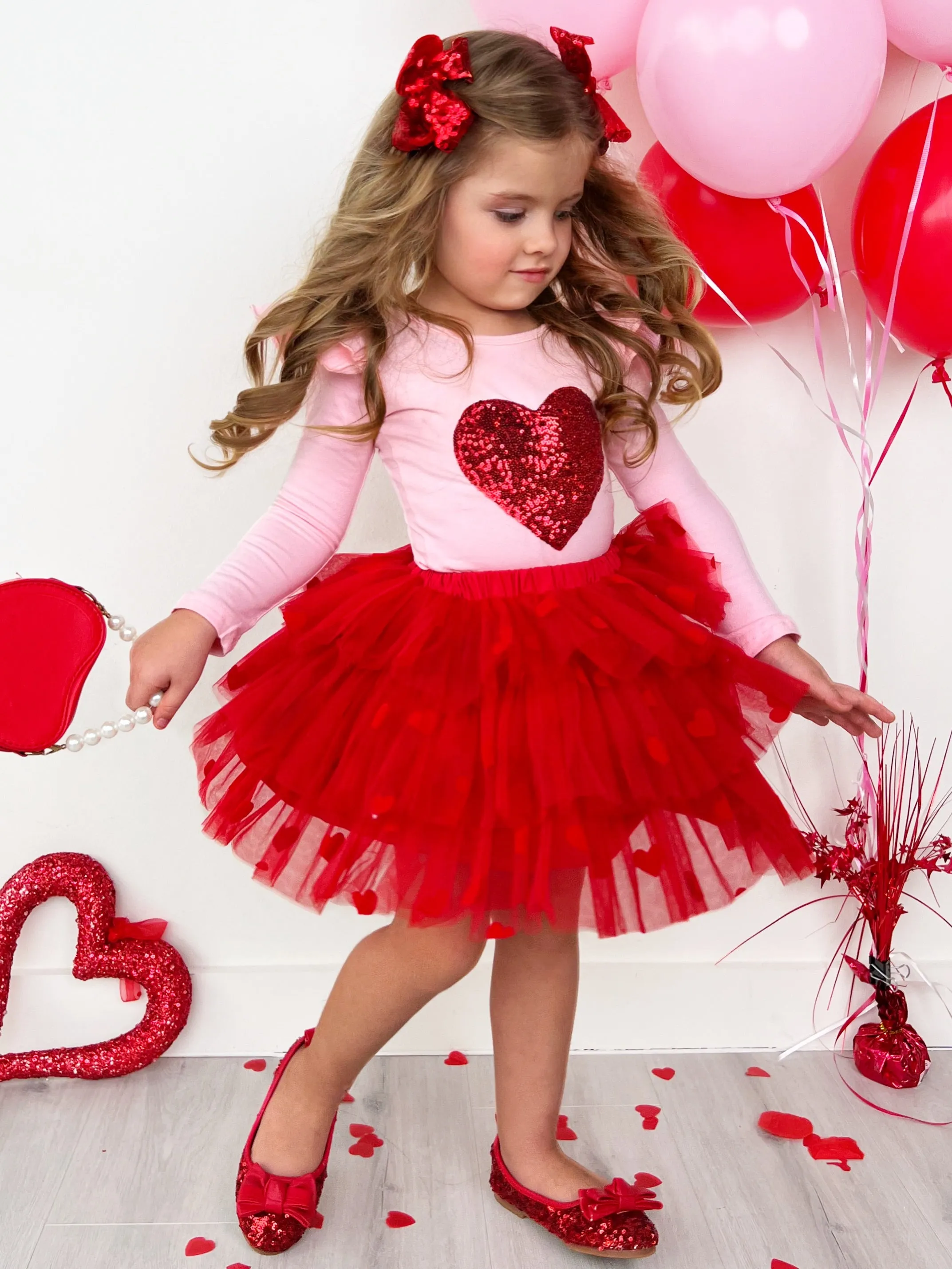 Sparkling Heart Ruffle Shoulder Top and Tiered Skirt Set
