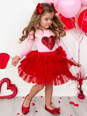Sparkling Heart Ruffle Shoulder Top and Tiered Skirt Set