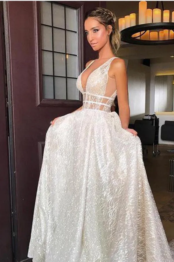 Sparkly A Line Deep V Neck Sweep Train Backless Sleeveless Sequins Wedding Dress OHD093