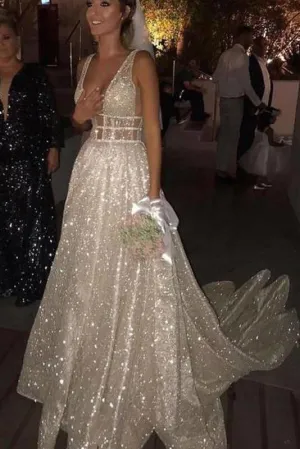 Sparkly A Line Deep V Neck Sweep Train Backless Sleeveless Sequins Wedding Dress OHD093