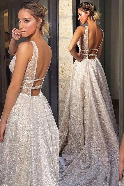 Sparkly A Line Deep V Neck Sweep Train Backless Sleeveless Sequins Wedding Dress OHD093