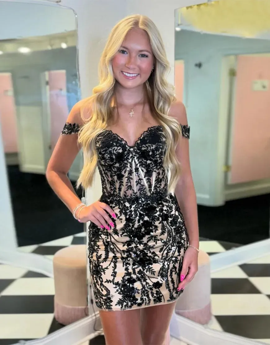 Sparkly Black Tight Off-the-Shoulder Corset Homecoming Dress with Appliques