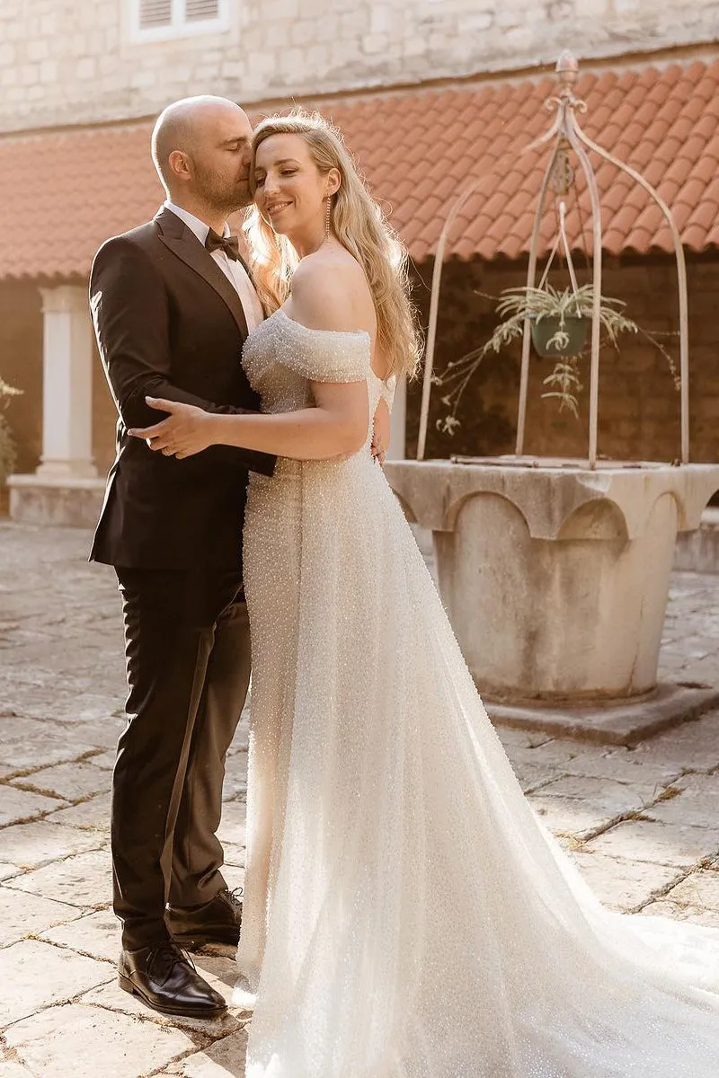 Sparkly  Mermaid Off the Shoulder Sequins Wedding Dresses