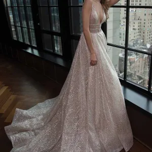 Sparkly Sequin A-Line Backless Tulle Simple Sleeveless Prom Dresses, FC1861