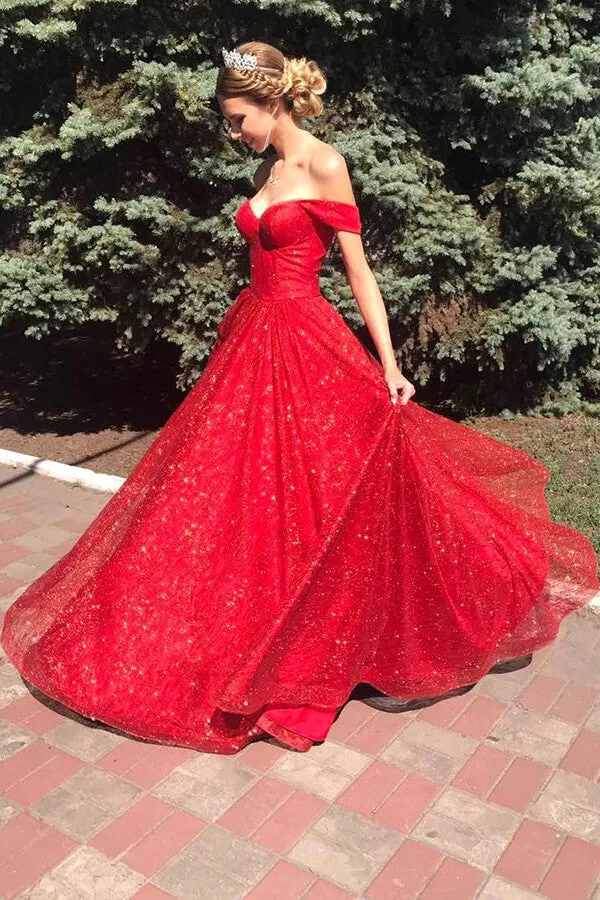 Sparkly Tulle Red A-line Off Shoulder Long Prom Dresses, Evening Dresses, MP761