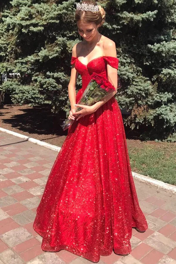 Sparkly Tulle Red A-line Off Shoulder Long Prom Dresses, Evening Dresses, MP761