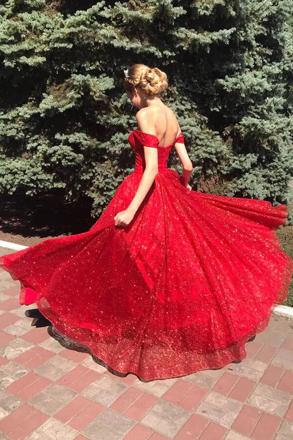 Sparkly Tulle Red A-line Off Shoulder Long Prom Dresses, Evening Dresses, MP761