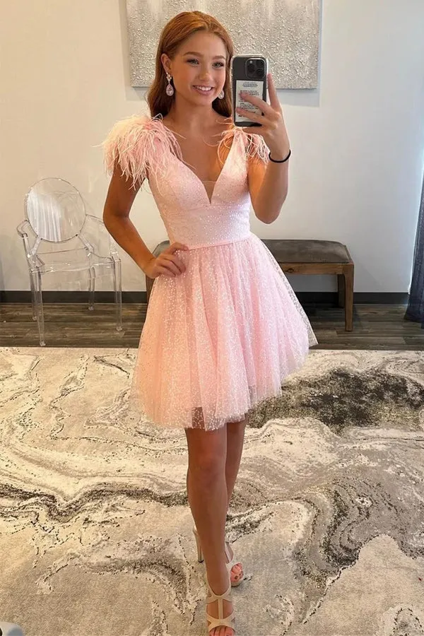 Sparkly V-Neck A-Line Pink Homecoming Dress with Feathers TN414