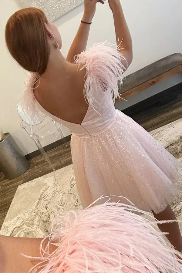 Sparkly V-Neck A-Line Pink Homecoming Dress with Feathers TN414