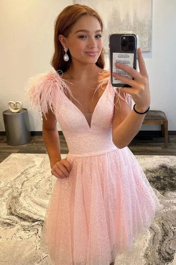 Sparkly V-Neck A-Line Pink Homecoming Dress with Feathers TN414