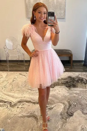 Sparkly V-Neck A-Line Pink Homecoming Dress with Feathers TN414