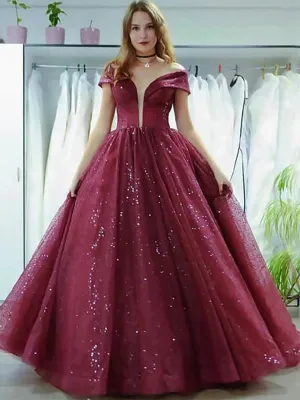 Sparkly Wine Red Off-shoulder Tulle A-line Long Prom Dress, PD3348