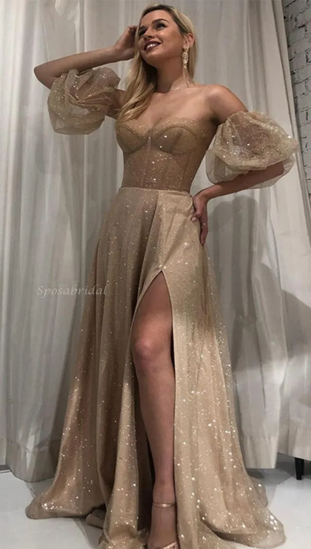 Strapless Light Champagne Sparkly Sweetheart Side-slit A-line Long Prom Dress, PD3387