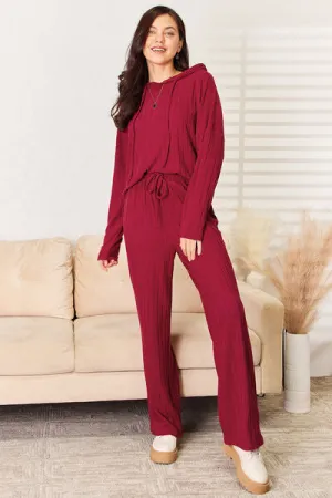 Tarryn Basic Bae Full Size Ribbed Drawstring Hood Top and Straight Pants Set