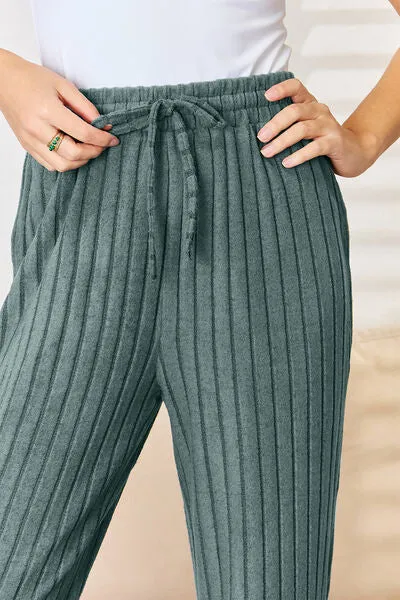 Tarryn Basic Bae Full Size Ribbed Drawstring Hood Top and Straight Pants Set