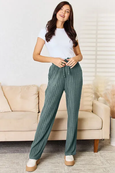 Tarryn Basic Bae Full Size Ribbed Drawstring Hood Top and Straight Pants Set